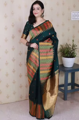 Green woven design zari silk blend handloom kanjeevaram saree