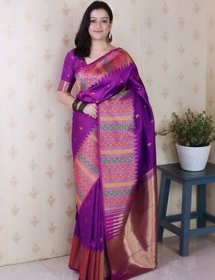 Purple woven design zari silk blend kanjeevaram saree 1