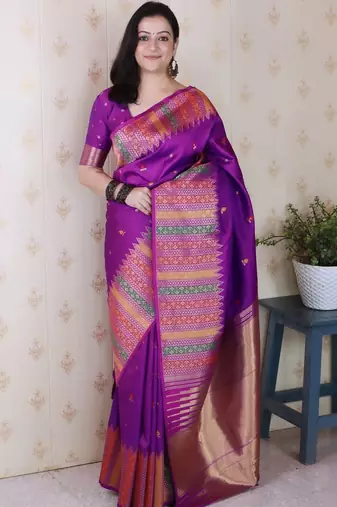 Purple woven design zari silk blend kanjeevaram saree