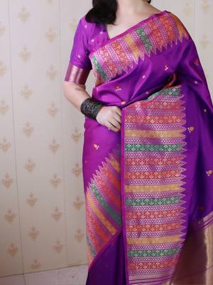 Purple woven design zari silk blend kanjeevaram saree 4
