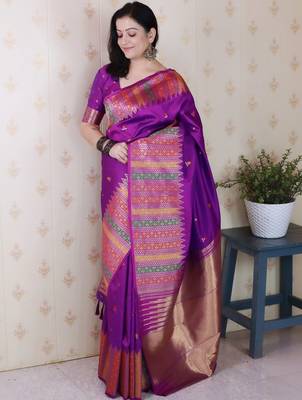 Purple woven design zari silk blend kanjeevaram saree 5
