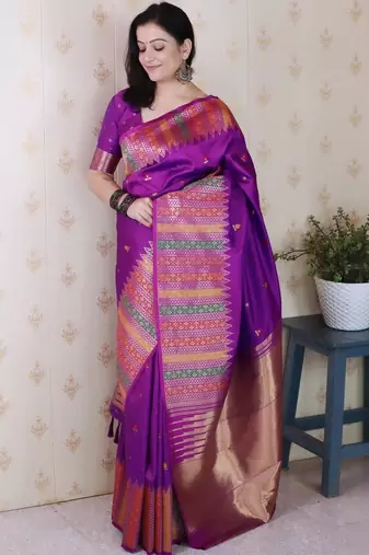 Purple woven design zari silk blend kanjeevaram saree