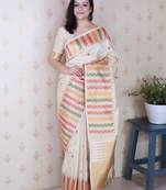 Cream zari silk blend handloom kanjeevaram saree