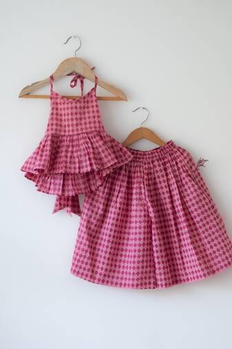 Pink hand block printed cotton top and pallazo set