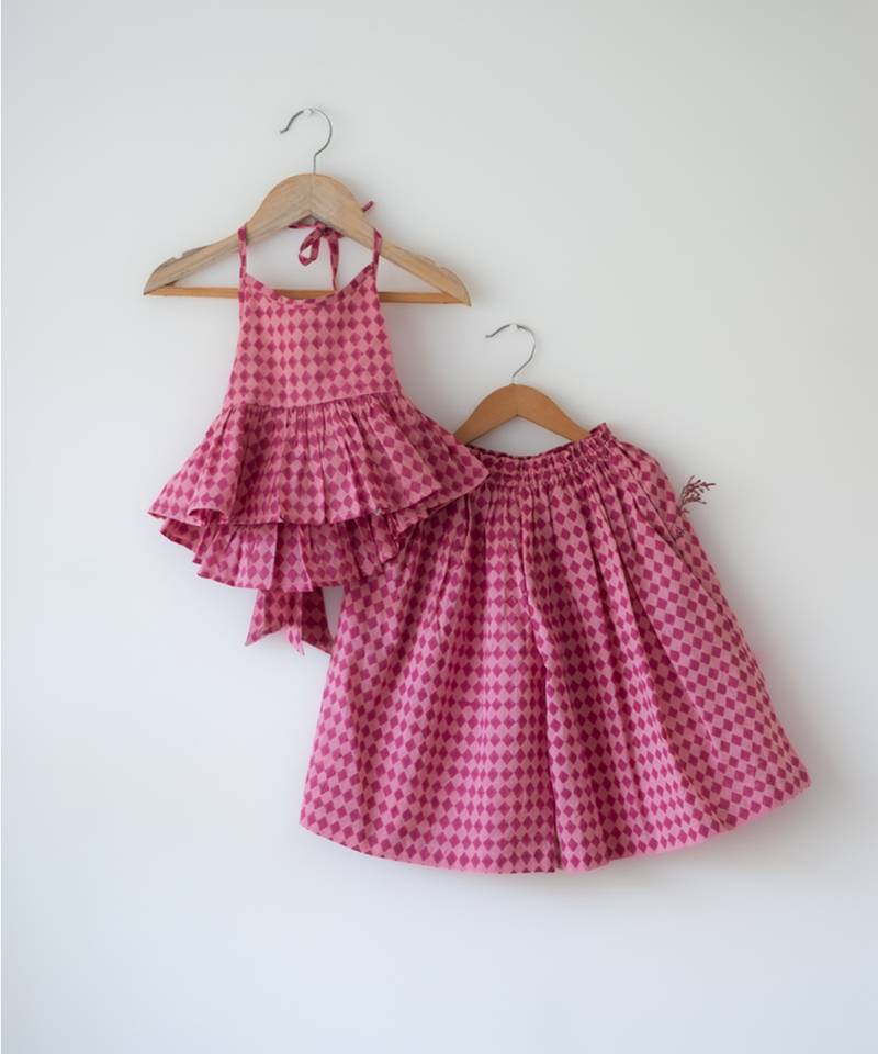 Pink hand block printed cotton top and pallazo set