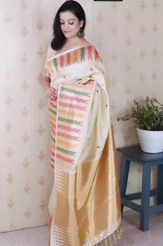 Cream zari silk blend handloom kanjeevaram saree