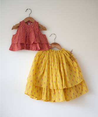 Pink and yellow hand block printed cotton choli and skirt lehenga set 1