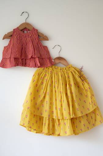 Pink and yellow hand block printed cotton choli and skirt lehenga set