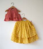 Pink and yellow hand block printed cotton choli and skirt lehenga set