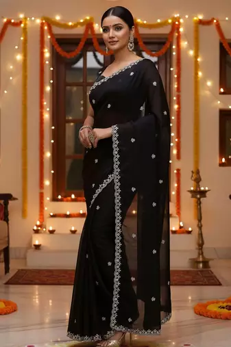 Black embellished embroidered satin saree with beads and stones