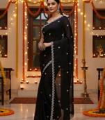 Black embellished embroidered satin saree with beads and stones