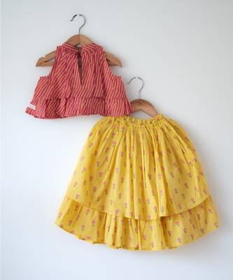Pink and yellow hand block printed cotton choli and skirt lehenga set 2