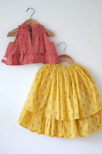 Pink and yellow hand block printed cotton choli and skirt lehenga set