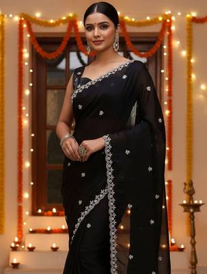 Black embellished embroidered satin saree with beads and stones 2