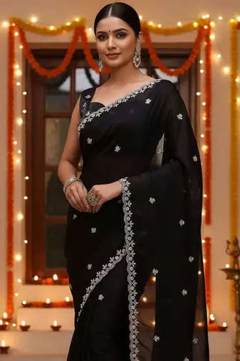 Black embellished embroidered satin saree with beads and stones