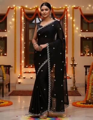 Black embellished embroidered satin saree with beads and stones 4