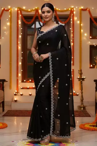 Black embellished embroidered satin saree with beads and stones