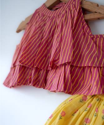 Pink and yellow hand block printed cotton choli and skirt lehenga set 3