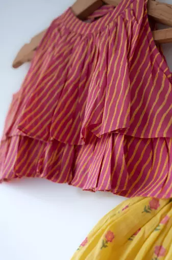Pink and yellow hand block printed cotton choli and skirt lehenga set