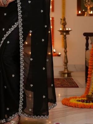 Black embellished embroidered satin saree with beads and stones 5