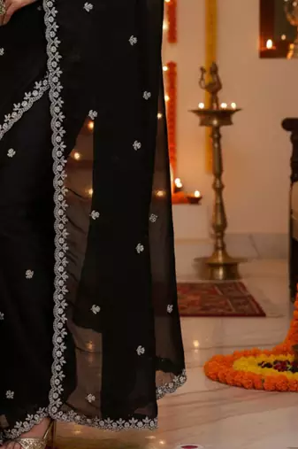 Black embellished embroidered satin saree with beads and stones