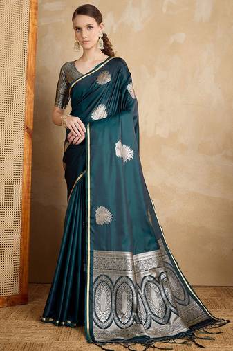 Teal ethnic motifs zari satin banarasi saree
