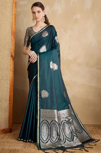 Teal ethnic motifs zari satin banarasi saree