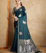 Teal ethnic motifs zari satin banarasi saree