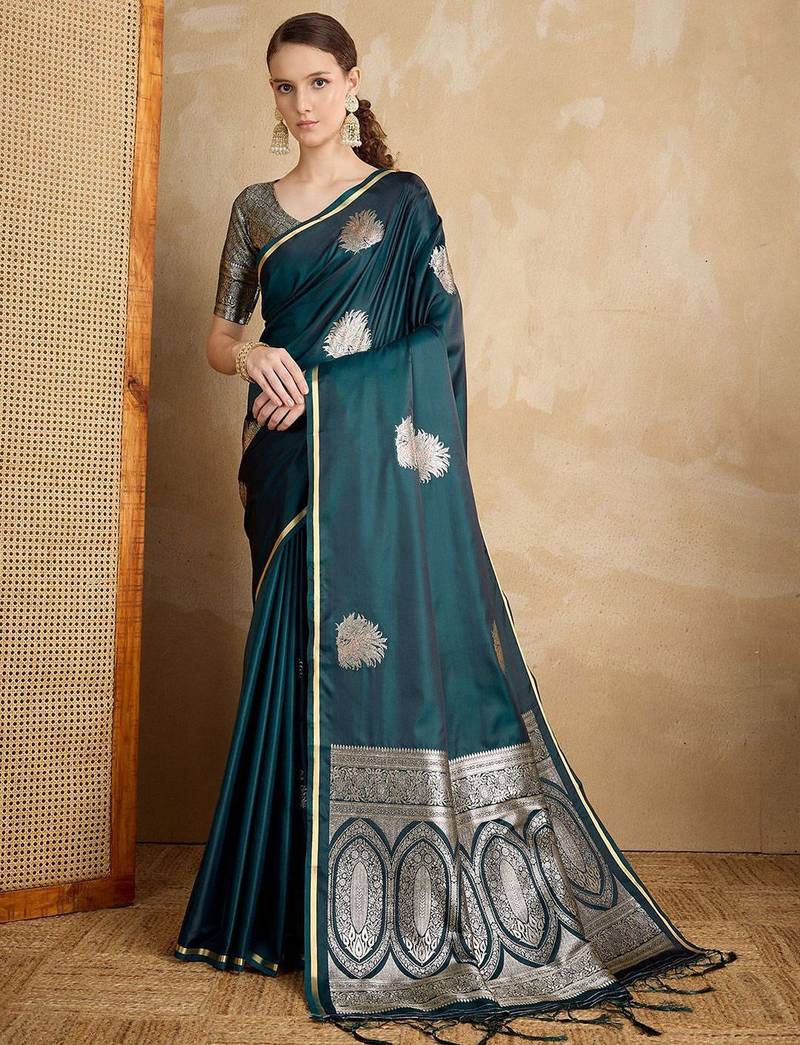 Teal ethnic motifs zari satin banarasi saree