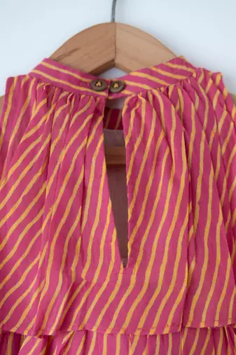 Pink and yellow hand block printed cotton choli and skirt lehenga set