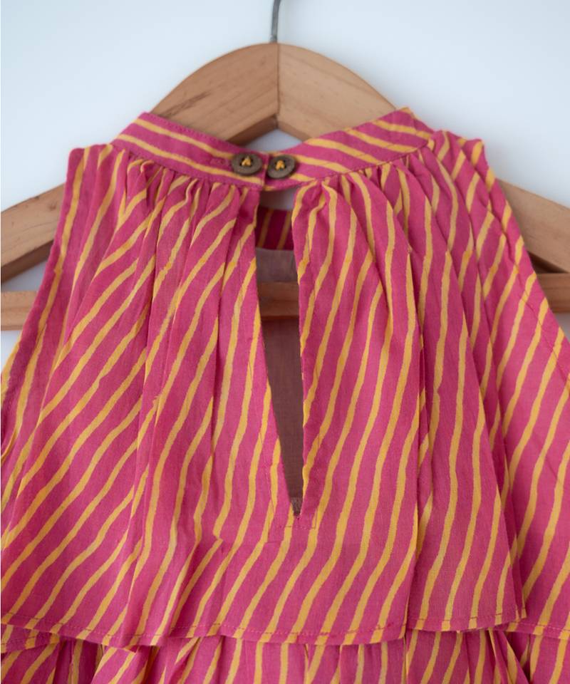 Pink and yellow hand block printed cotton choli and skirt lehenga set