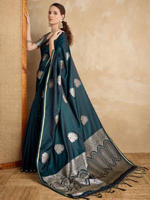 Teal ethnic motifs zari satin banarasi saree 2