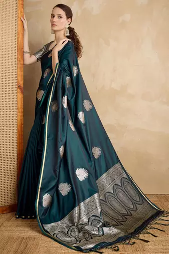 Teal ethnic motifs zari satin banarasi saree