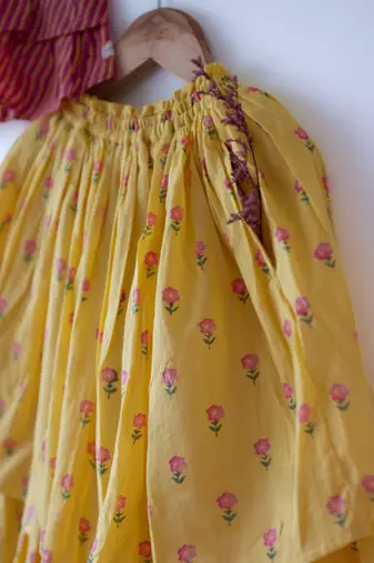 Pink and yellow hand block printed cotton choli and skirt lehenga set