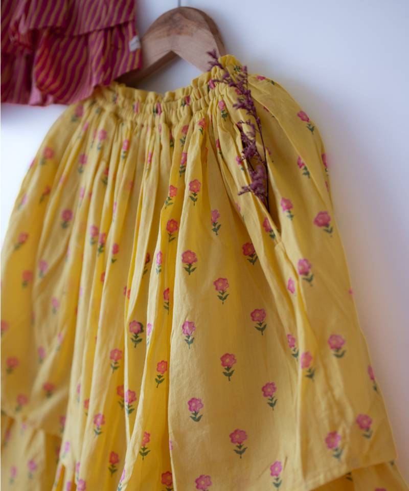Pink and yellow hand block printed cotton choli and skirt lehenga set