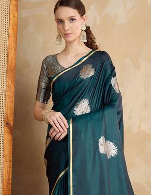 Teal ethnic motifs zari satin banarasi saree 3