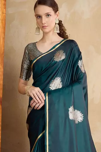 Teal ethnic motifs zari satin banarasi saree
