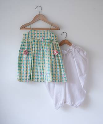Green and white hand block printed cotton top dhoti and dupatta set 1