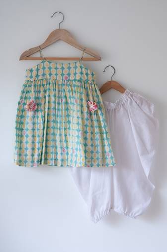 Green and white hand block printed cotton top dhoti and dupatta set