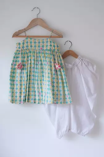 Green and white hand block printed cotton top dhoti and dupatta set