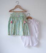 Green and white hand block printed cotton top dhoti and dupatta set