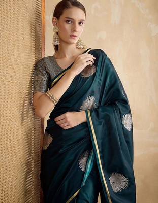Teal ethnic motifs zari satin banarasi saree 4