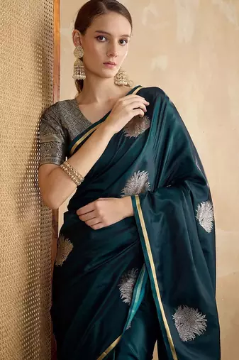 Teal ethnic motifs zari satin banarasi saree