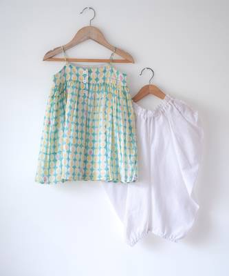 Green and white hand block printed cotton top dhoti and dupatta set 2