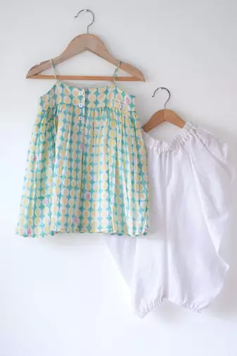 Green and white hand block printed cotton top dhoti and dupatta set