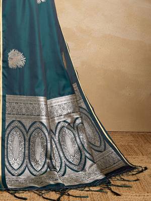 Teal ethnic motifs zari satin banarasi saree 5