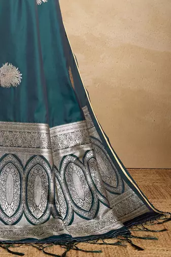 Teal ethnic motifs zari satin banarasi saree