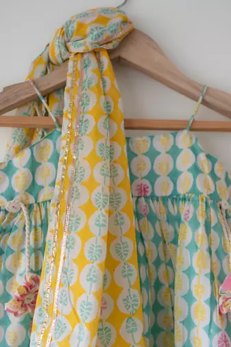 Green and white hand block printed cotton top dhoti and dupatta set