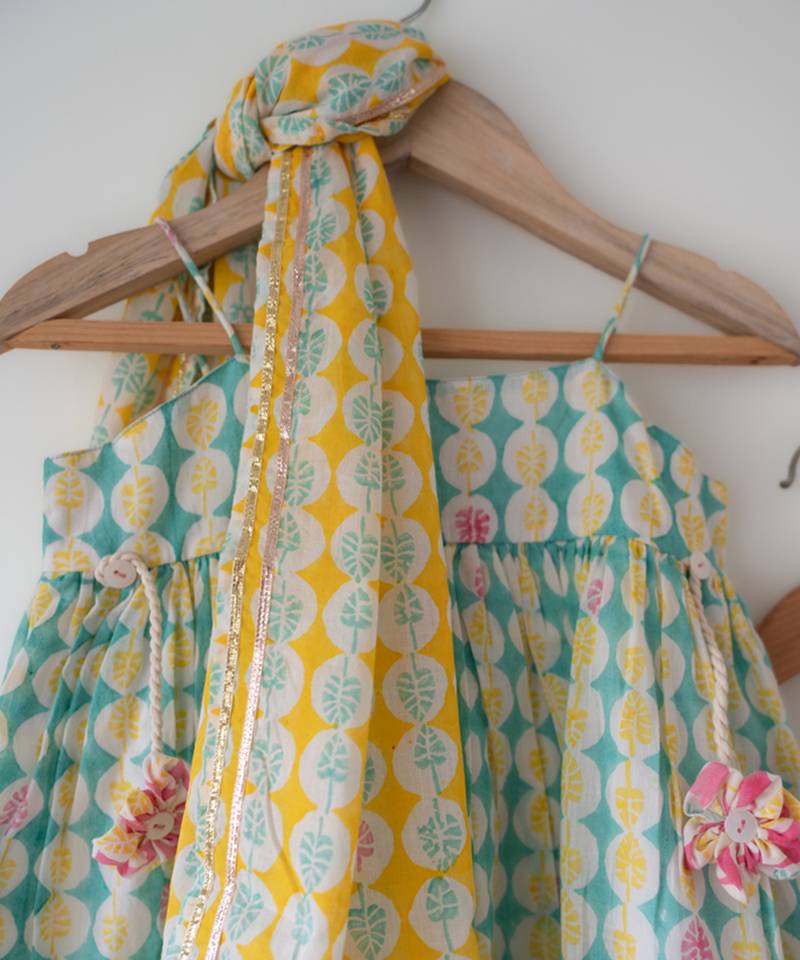 Green and white hand block printed cotton top dhoti and dupatta set