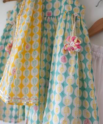 Green and white hand block printed cotton top dhoti and dupatta set 4